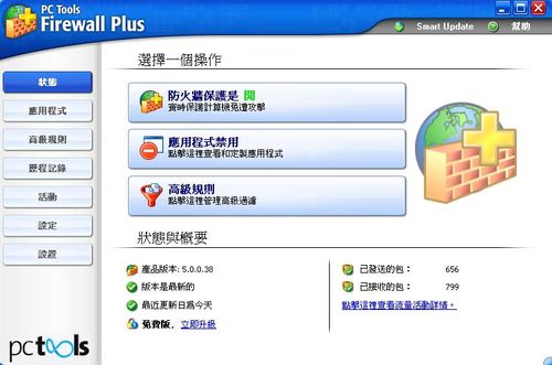 PC Tools Firewall的主要操作介面